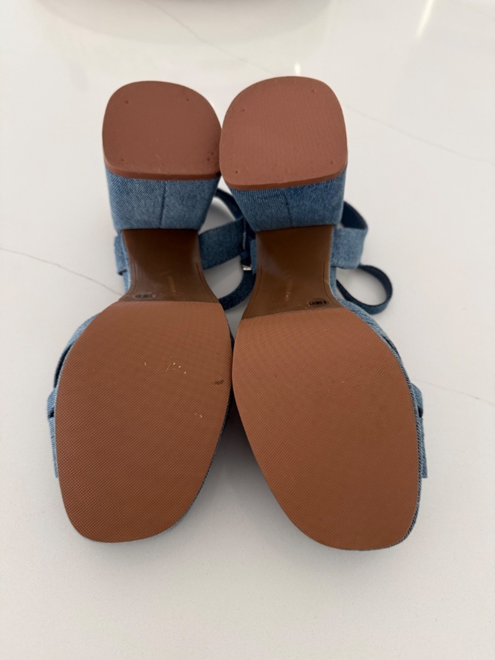 Lucky Brand Marrika Denim Flower Heeled Sandal Chunky Shoes 9.5 - Picture 5 of 7